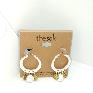 The Sak 2 Tone Hammered Dangles Hoop Earrings with Disc Drops